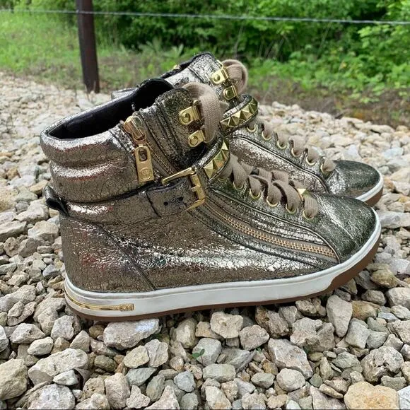 Michael Kors Gold Foil Studded High Rise Sneakers 7M