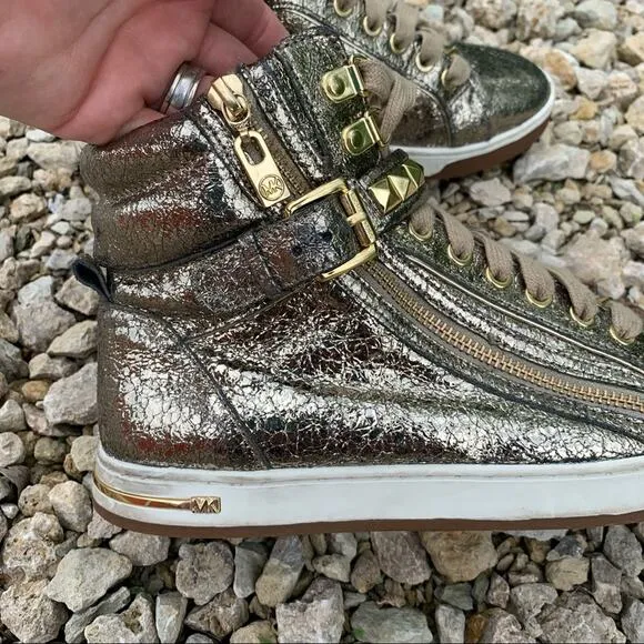 Michael Kors Gold Foil Studded High Rise Sneakers 7M