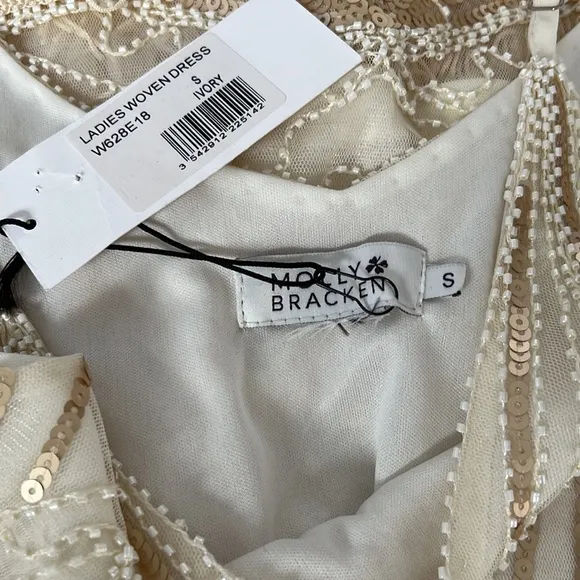 {Molly Bracken} NWT  Sequins  Cream Colored Fringe Spaghetti Straps Dress SZ S
