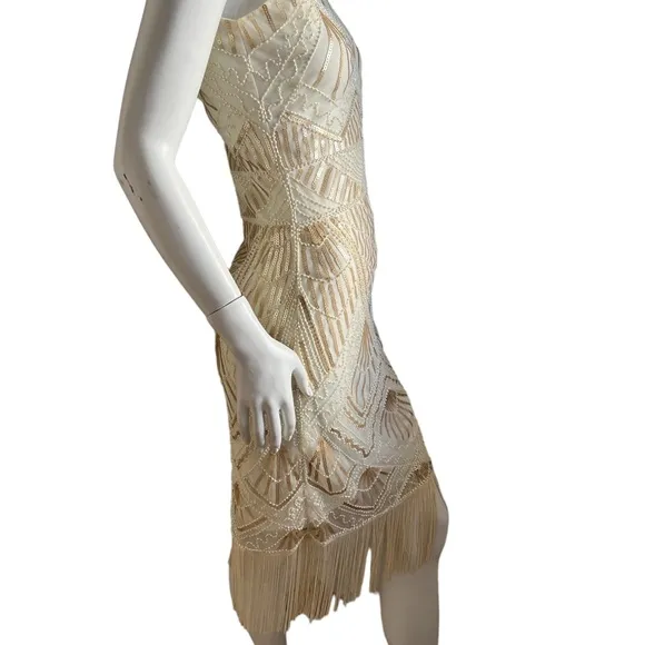 {Molly Bracken} NWT  Sequins  Cream Colored Fringe Spaghetti Straps Dress SZ S