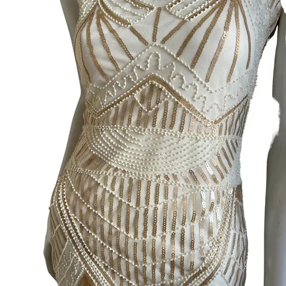{Molly Bracken} NWT  Sequins  Cream Colored Fringe Spaghetti Straps Dress SZ S