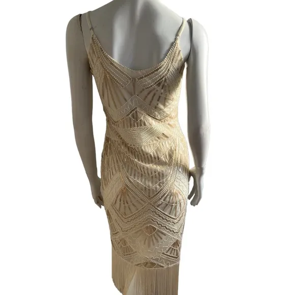 {Molly Bracken} NWT  Sequins  Cream Colored Fringe Spaghetti Straps Dress SZ S