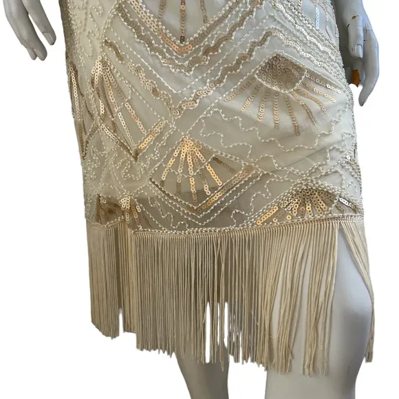 {Molly Bracken} NWT  Sequins  Cream Colored Fringe Spaghetti Straps Dress SZ S