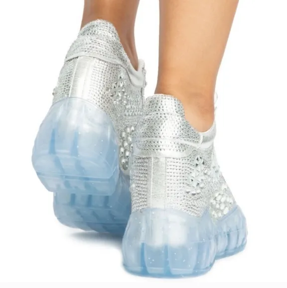 New Anthony Wang Silver Rhinestone Gem Bling Wedge Heel Sneaker