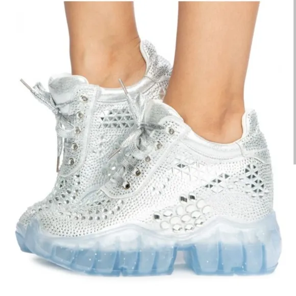 New Anthony Wang Silver Rhinestone Gem Bling Wedge Heel Sneaker