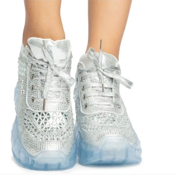New Anthony Wang Silver Rhinestone Gem Bling Wedge Heel Sneaker