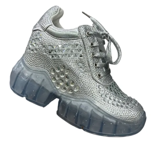 New Anthony Wang Silver Rhinestone Gem Bling Wedge Heel Sneaker