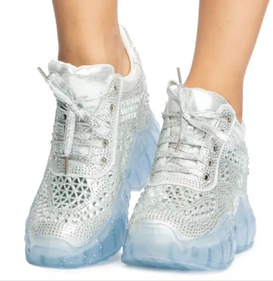 New Anthony Wang Silver Rhinestone Gem Bling Wedge Heel Sneaker