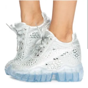 New Anthony Wang Silver Rhinestone Gem Bling Wedge Heel Sneaker
