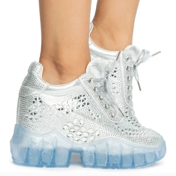 New Anthony Wang Silver Rhinestone Gem Bling Wedge Heel Sneaker