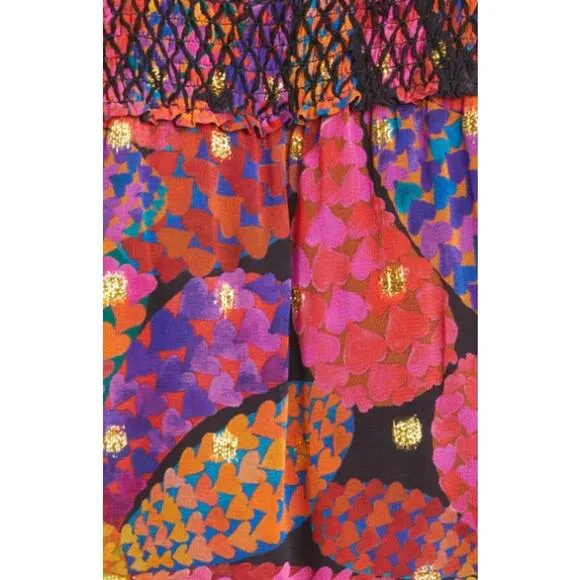 NEW Farm Rio Heart Daisy Smocked Mini Dress Metallic Dot Ruffle Black Sze Medium