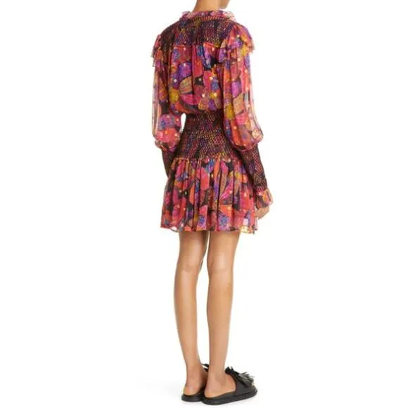 NEW Farm Rio Heart Daisy Smocked Mini Dress Metallic Dot Ruffle Black Sze Medium