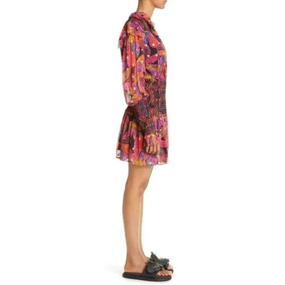 NEW Farm Rio Heart Daisy Smocked Mini Dress Metallic Dot Ruffle Black Sze Medium