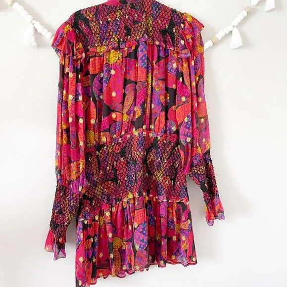 NEW Farm Rio Heart Daisy Smocked Mini Dress Metallic Dot Ruffle Black Sze Medium