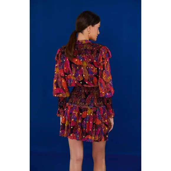 NEW Farm Rio Heart Daisy Smocked Mini Dress Metallic Dot Ruffle Black Sze Medium