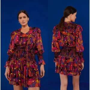 NEW Farm Rio Heart Daisy Smocked Mini Dress Metallic Dot Ruffle Black Sze Medium
