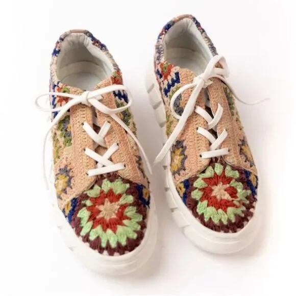 NEW Free People Catch Me If You Can Sneaker Tennis Shoe Crochet Multi Size 40/9