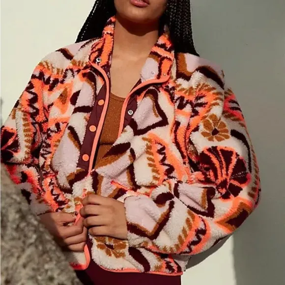 NEW Free People Hit the Slopes Printed Fleece Jacket in Deco Floral Canvas Combo