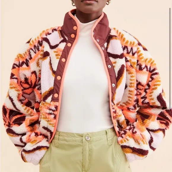 NEW Free People Hit the Slopes Printed Fleece Jacket in Deco Floral Canvas Combo