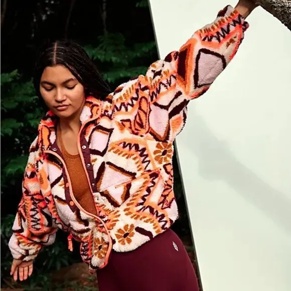 NEW Free People Hit the Slopes Printed Fleece Jacket in Deco Floral Canvas Combo