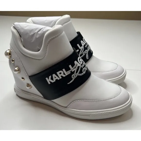 NEW Karl Lagerfeld Paris Charsi High Heel Sneakers Size 8.5M Women’s White Pearl