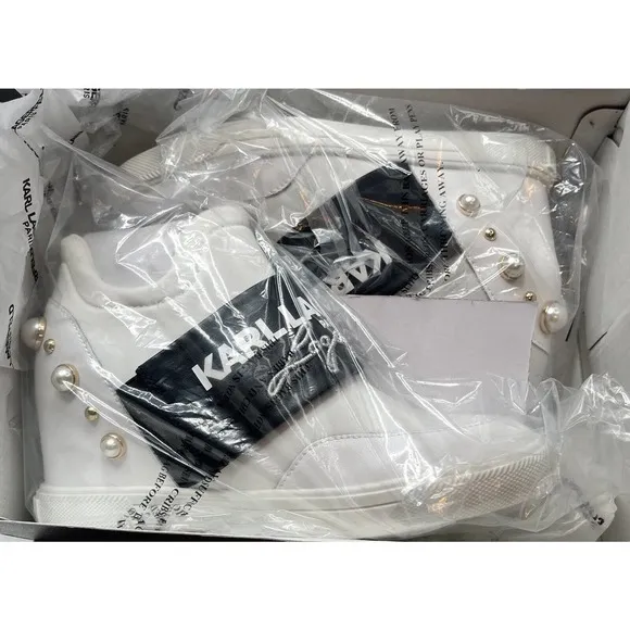 NEW Karl Lagerfeld Paris Charsi High Heel Sneakers Size 8.5M Women’s White Pearl