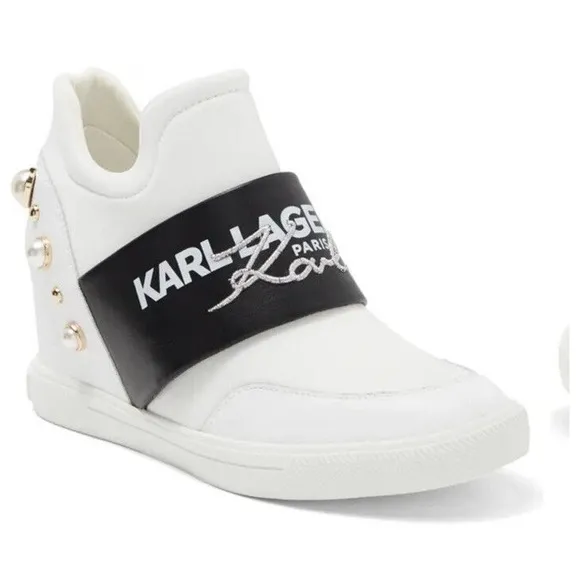 NEW Karl Lagerfeld Paris Charsi High Heel Sneakers Size 8.5M Women’s White Pearl