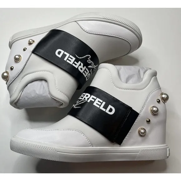 NEW Karl Lagerfeld Paris Charsi High Heel Sneakers Size 8.5M Women’s White Pearl