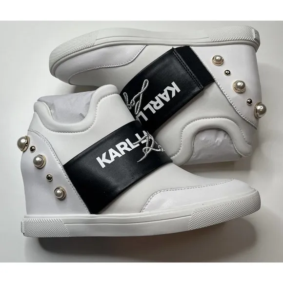 NEW Karl Lagerfeld Paris Charsi High Heel Sneakers Size 8.5M Women’s White Pearl