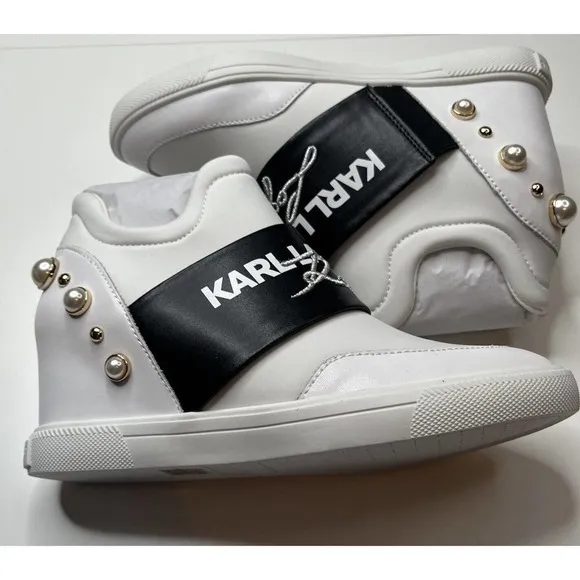NEW Karl Lagerfeld Paris Charsi High Heel Sneakers Size 8.5M Women’s White Pearl
