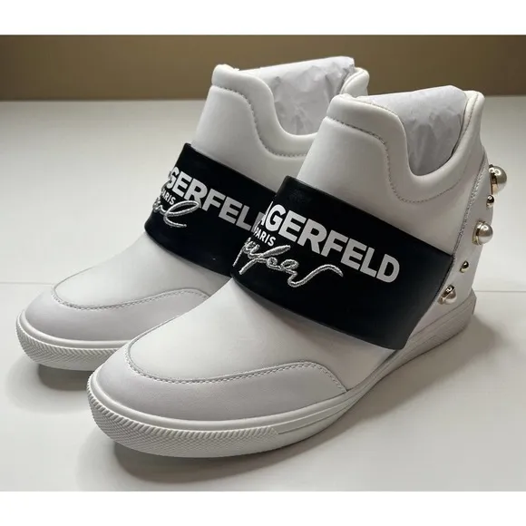 NEW Karl Lagerfeld Paris Charsi High Heel Sneakers Size 8.5M Women’s White Pearl