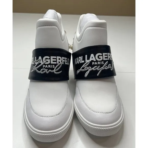 NEW Karl Lagerfeld Paris Charsi High Heel Sneakers Size 8.5M Women’s White Pearl
