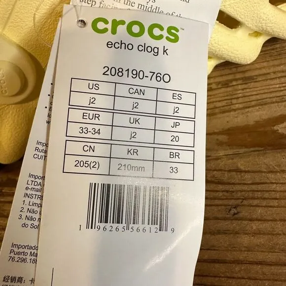 New NWT Big Kids Crocs Echo Yellow‎ Comfort Clogs Sandals Shoes Size 2 Y