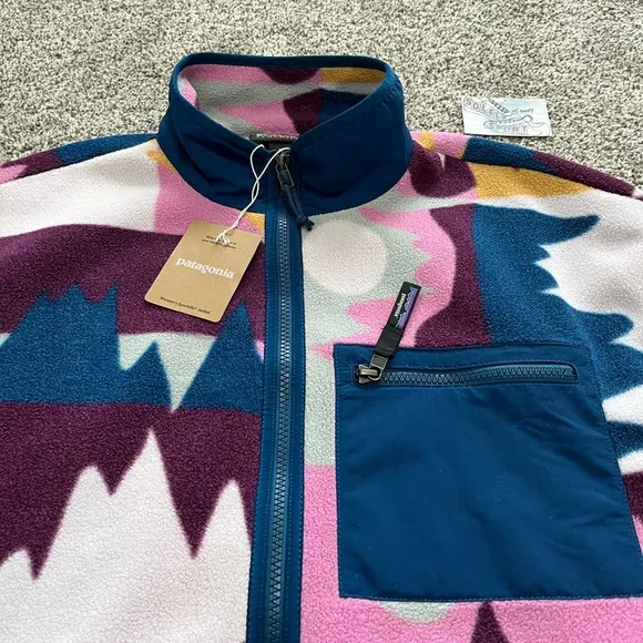 New Patagonia Synchilla Jacket Marble Pink Blue White Full Zip Coat Sweater