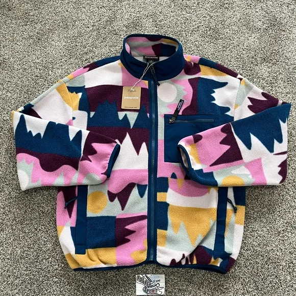 New Patagonia Synchilla Jacket Marble Pink Blue White Full Zip Coat Sweater