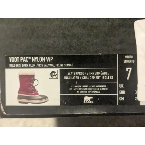NEW Sorel Yoot PAC Nylon Waterproof Boots Wild Iris sz Youth 7, Women 8.5