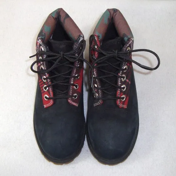 NEW Timberland Boys 6&quot; Heritage Boots Black Nubuck Plaid Camo Waterproof Size 1