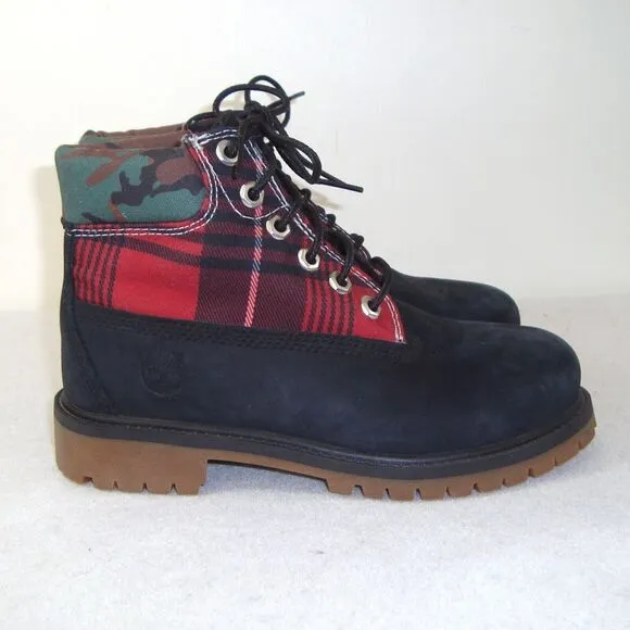 NEW Timberland Boys 6&quot; Heritage Boots Black Nubuck Plaid Camo Waterproof Size 1