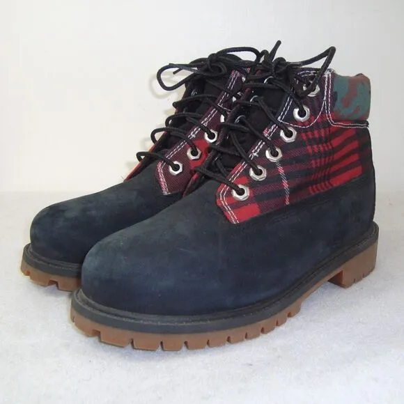 NEW Timberland Boys 6&quot; Heritage Boots Black Nubuck Plaid Camo Waterproof Size 1