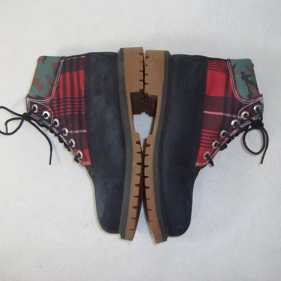NEW Timberland Boys 6&quot; Heritage Boots Black Nubuck Plaid Camo Waterproof Size 1