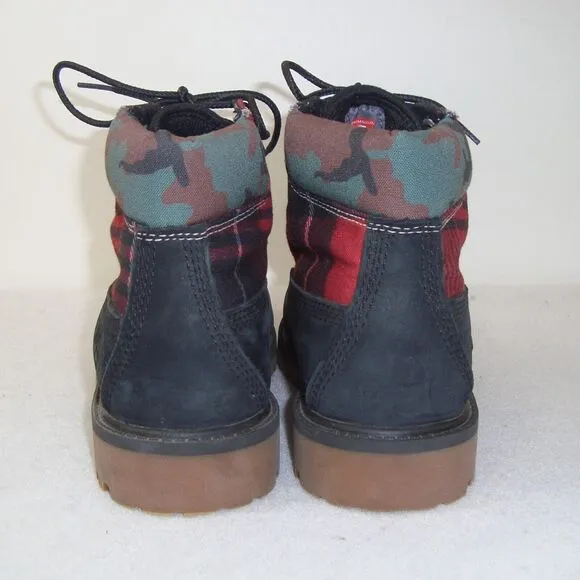NEW Timberland Boys 6&quot; Heritage Boots Black Nubuck Plaid Camo Waterproof Size 1