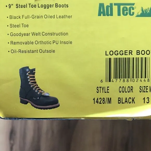 NEW Ad Tec 9” Steel Toe Black Logger Boots