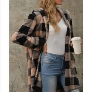 NEW Khaki Plaid Hooded Cardigan Sherpa Coat