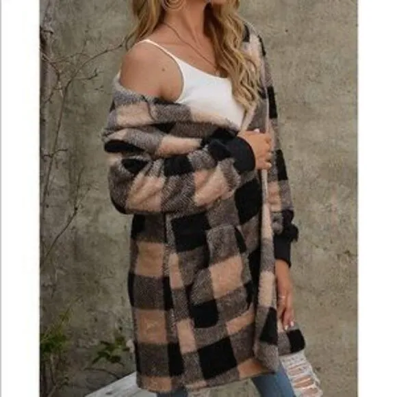 NEW Khaki Plaid Hooded Cardigan Sherpa Coat