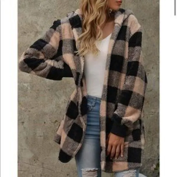 NEW Khaki Plaid Hooded Cardigan Sherpa Coat