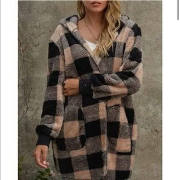 NEW Khaki Plaid Hooded Cardigan Sherpa Coat