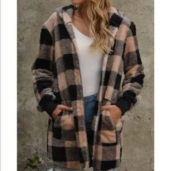 NEW Khaki Plaid Hooded Cardigan Sherpa Coat