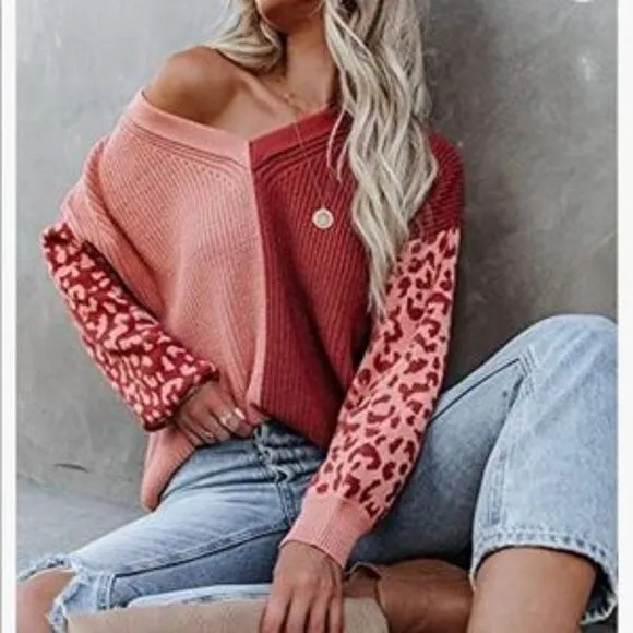 NEW Red Leopard Color Block Sweater