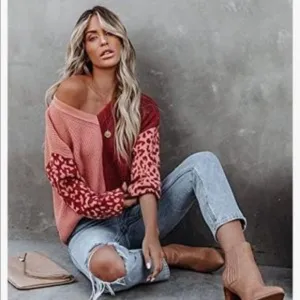 NEW Red Leopard Color Block Sweater