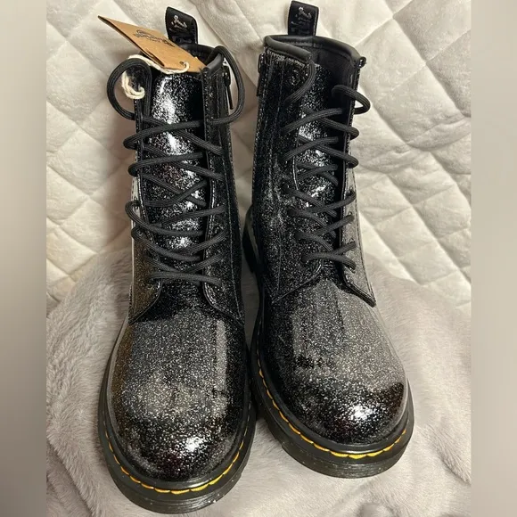 NIB Dr. Martens Black Glitter Combat Boots Girls Womens size